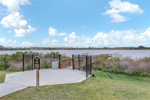 view of patio / terrace featuring a water view