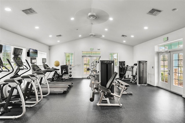 gym featuring visible vents, french doors, a ceiling fan, and lofted ceiling