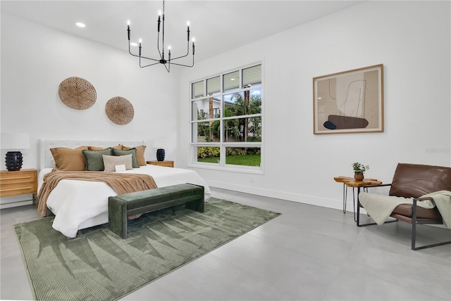 bedroom with a chandelier, baseboards, finished concrete flooring, and recessed lighting