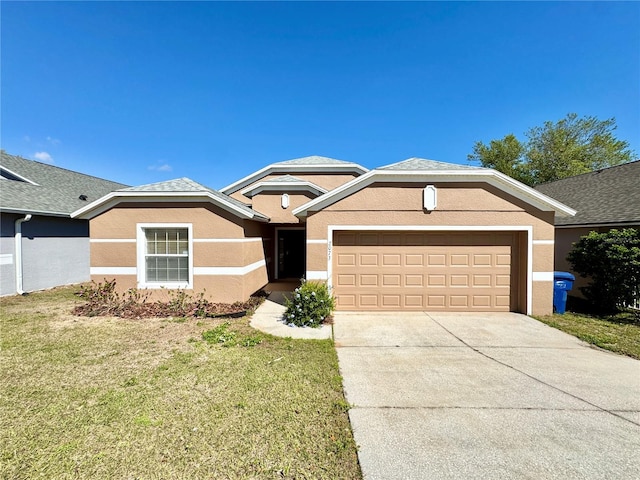 ranch-style house with a front lawn, an attached garage, driveway, and stucco siding