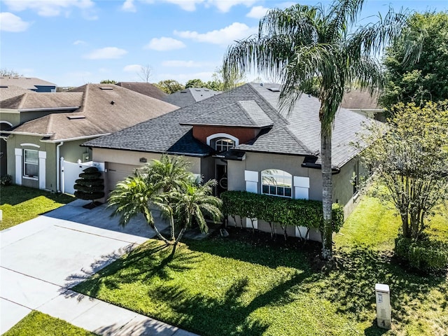 view of front facade featuring stucco siding, an attached garage, concrete driveway, and a front lawn