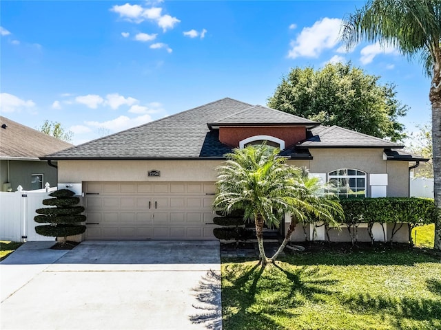 view of front facade with stucco siding, a shingled roof, concrete driveway, a front yard, and an attached garage