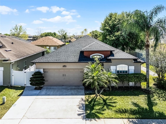 view of front of home with an attached garage, a gate, driveway, and roof with shingles