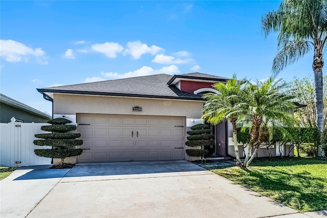 view of front facade featuring stucco siding, concrete driveway, a garage, and fence