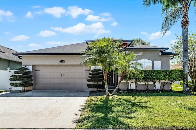 view of front of house with fence, a front yard, stucco siding, a garage, and driveway