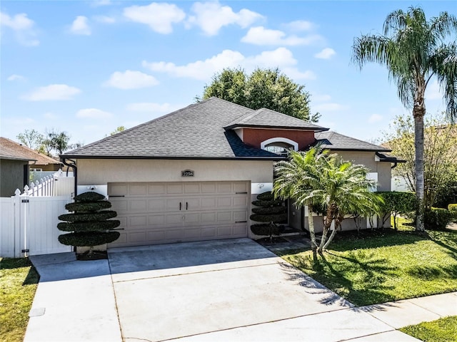 view of front of house with stucco siding, concrete driveway, roof with shingles, and a gate