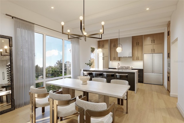 dining room featuring recessed lighting, beam ceiling, a chandelier, and light wood finished floors