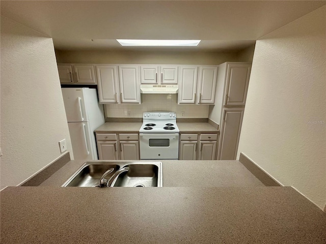 413 Summit Ridge Pl Unit 115, Longwood, FL 32779 - kitchen featuring white appliances, under cabinet range hood, a textured wall, tasteful backsplash, and white cabinetry