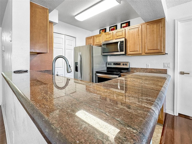 kitchen with a peninsula, wood finished floors, appliances with stainless steel finishes, and a textured ceiling