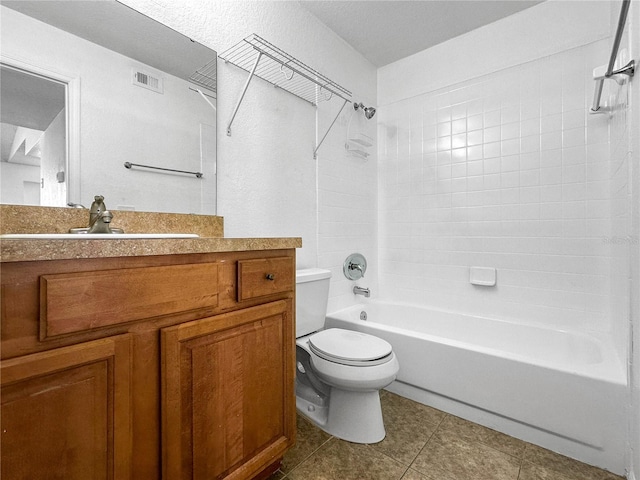 full bath with vanity, visible vents, tile patterned flooring, toilet, and shower / bathtub combination