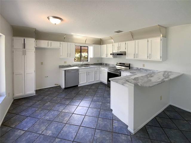 kitchen with visible vents, a peninsula, stainless steel appliances, white cabinets, and under cabinet range hood