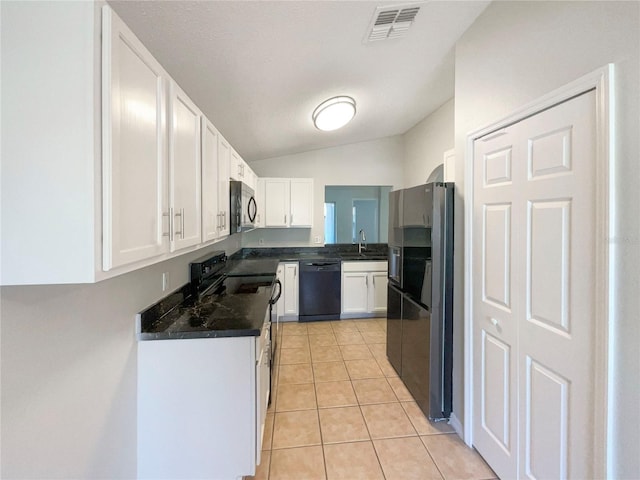 kitchen featuring visible vents, black appliances, a sink, white cabinetry, and light tile patterned flooring