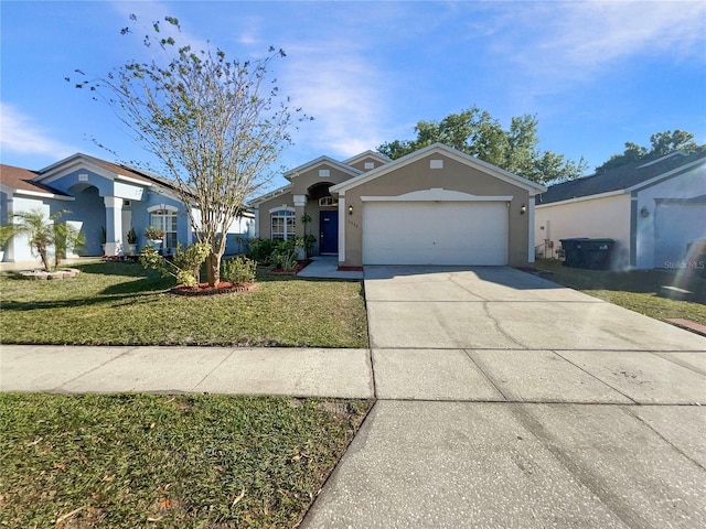 ranch-style home with stucco siding, an attached garage, concrete driveway, and a front lawn