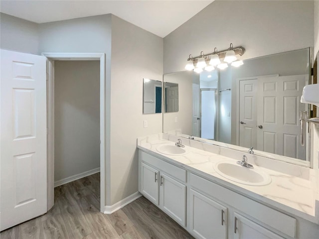 full bathroom featuring a sink, wood finished floors, a stall shower, and double vanity