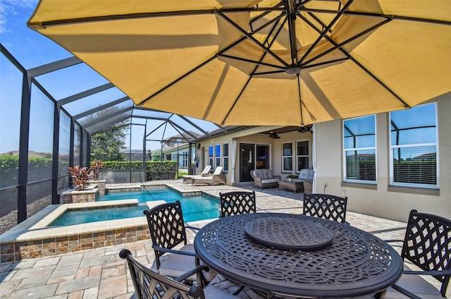 pool with a ceiling fan, a hot tub, outdoor dining area, an outdoor hangout area, and a patio area