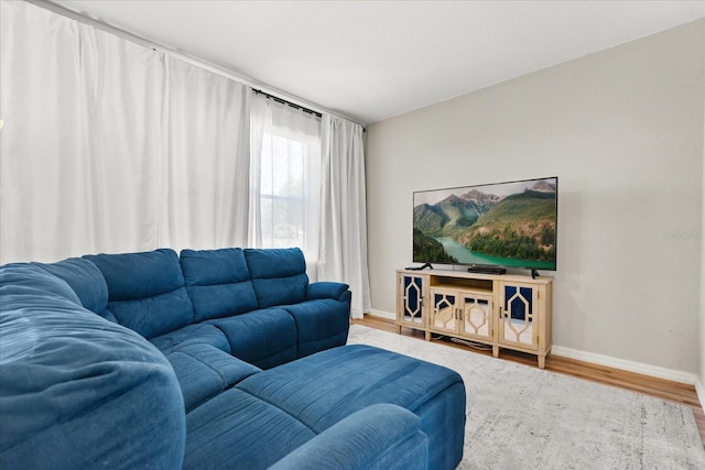 living area featuring baseboards and wood finished floors