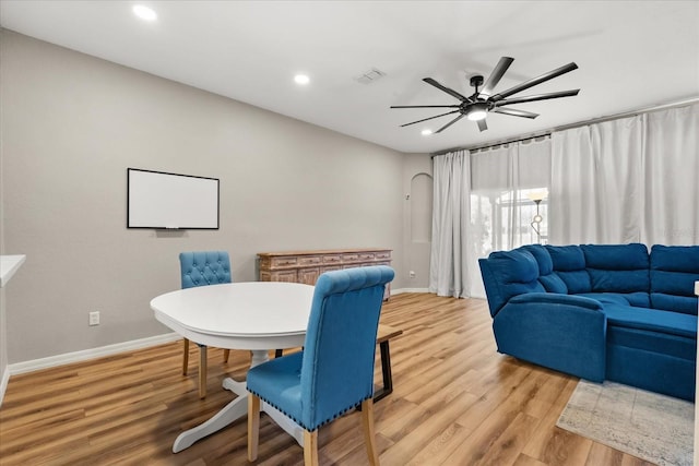 dining space with light wood finished floors, baseboards, recessed lighting, and ceiling fan
