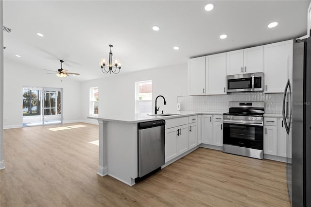 kitchen featuring a peninsula, a sink, appliances with stainless steel finishes, white cabinetry, and tasteful backsplash