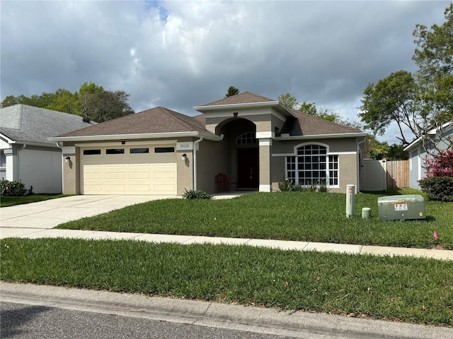 view of front of house with fence, driveway, stucco siding, a front lawn, and a garage