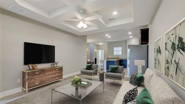 living room featuring a ceiling fan, baseboards, visible vents, coffered ceiling, and recessed lighting