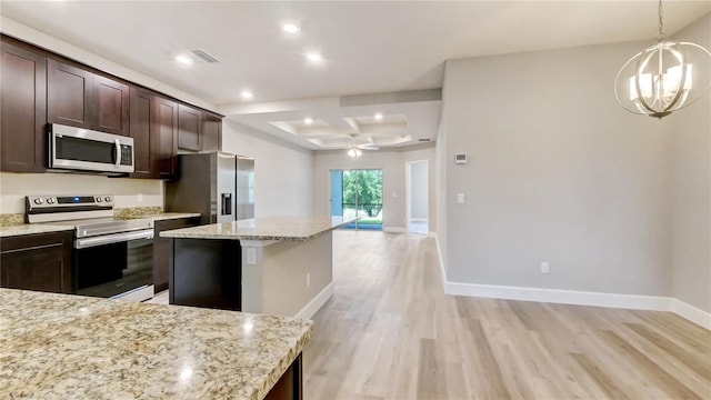 kitchen with visible vents, a kitchen island, baseboards, light wood-style flooring, and stainless steel appliances