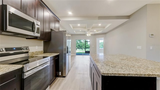 kitchen with a kitchen island, ceiling fan, dark brown cabinetry, appliances with stainless steel finishes, and coffered ceiling