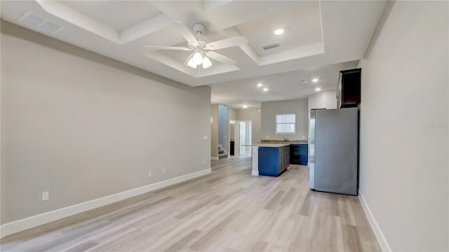 kitchen featuring visible vents, baseboards, coffered ceiling, and freestanding refrigerator