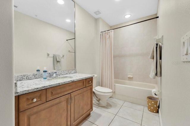 bathroom featuring vanity, shower / bathtub combination with curtain, visible vents, tile patterned floors, and toilet