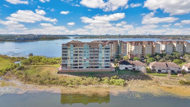 drone / aerial view with a water view