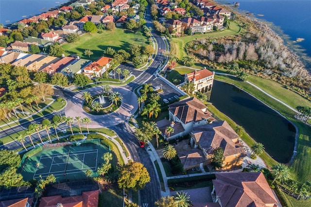 aerial view featuring a water view and a residential view