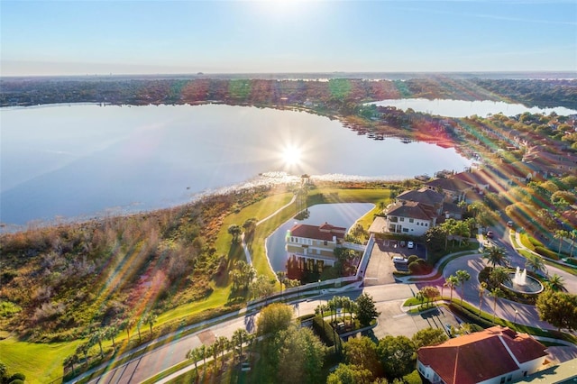 drone / aerial view with a water view