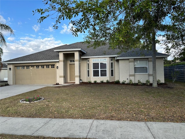 view of front of house featuring stucco siding, fence, concrete driveway, a shingled roof, and a garage