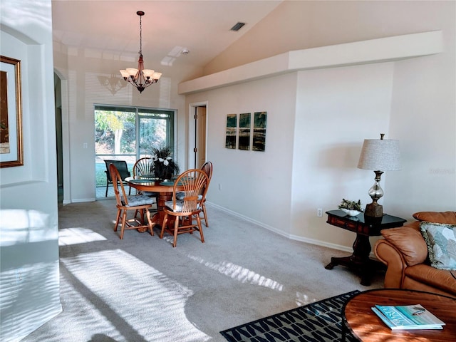 dining space featuring visible vents, a notable chandelier, arched walkways, carpet floors, and baseboards