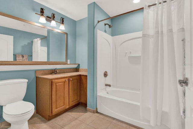 full bathroom with shower / bath combo with shower curtain, toilet, vanity, and tile patterned flooring