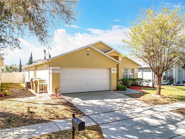 ranch-style house with fence, a garage, driveway, and stucco siding