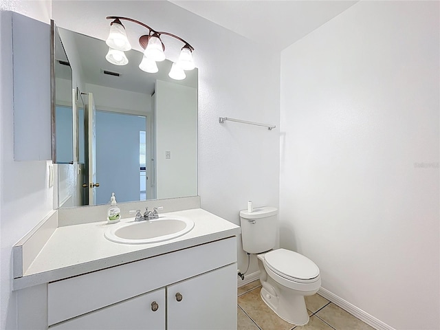 half bath featuring tile patterned flooring, visible vents, baseboards, toilet, and vanity