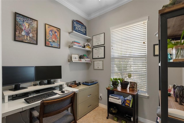 office area with crown molding, light tile patterned floors, and baseboards