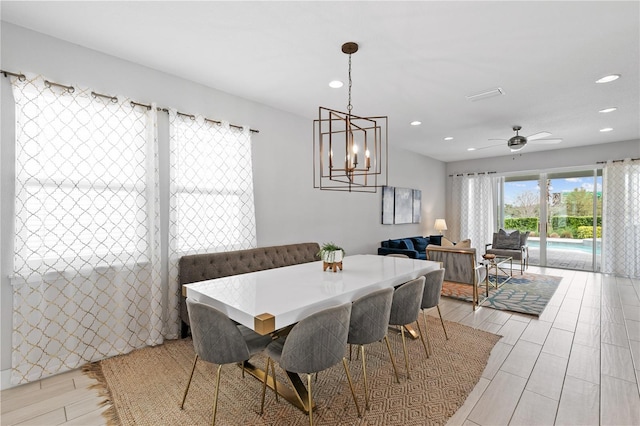 dining space featuring recessed lighting, light wood-type flooring, and ceiling fan