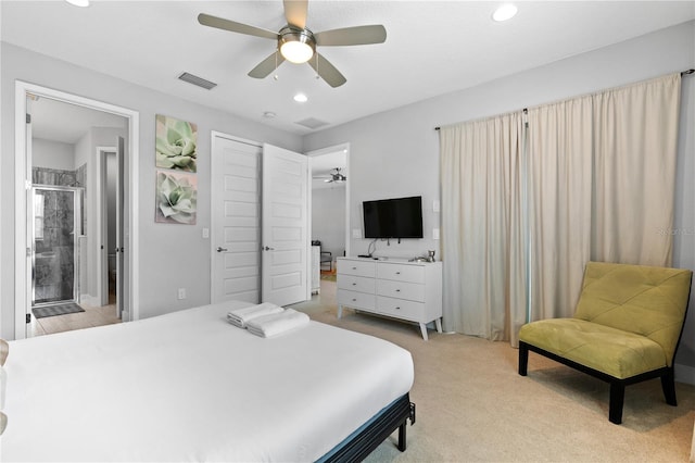 bedroom featuring a ceiling fan, visible vents, recessed lighting, a closet, and light carpet