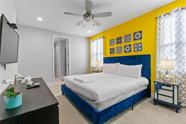 bedroom with carpet flooring, recessed lighting, baseboards, and a ceiling fan