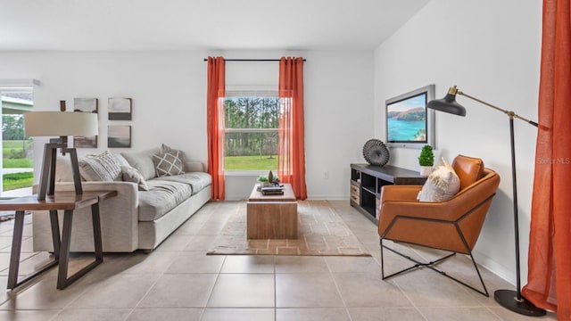 living area featuring light tile patterned flooring