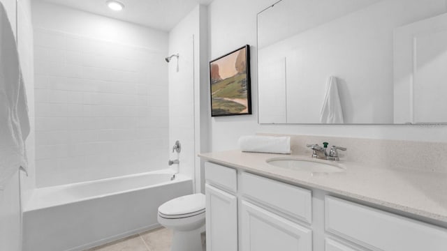 full bath featuring toilet, shower / washtub combination, vanity, and tile patterned flooring