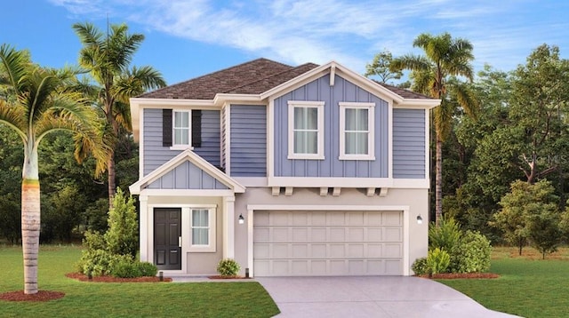 view of front of house featuring board and batten siding, a shingled roof, a front lawn, concrete driveway, and a garage