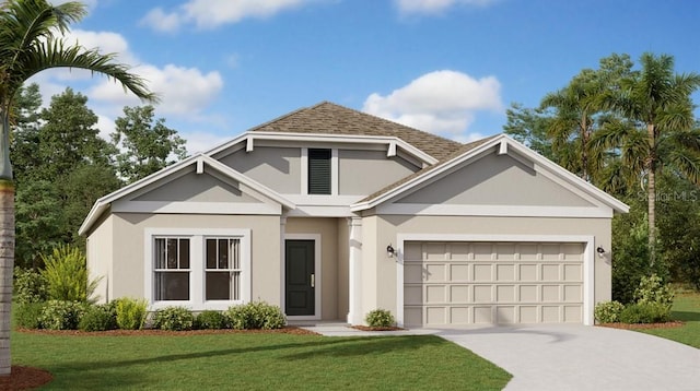 view of front of property with a front yard, roof with shingles, stucco siding, a garage, and driveway