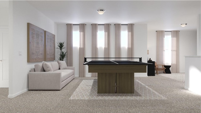 recreation room with a wealth of natural light, billiards, baseboards, and carpet floors