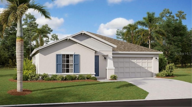 ranch-style house with concrete driveway, a front yard, roof with shingles, stucco siding, and an attached garage