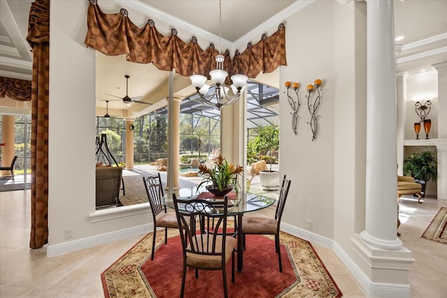 dining space featuring light tile patterned flooring, baseboards, ornate columns, and ornamental molding