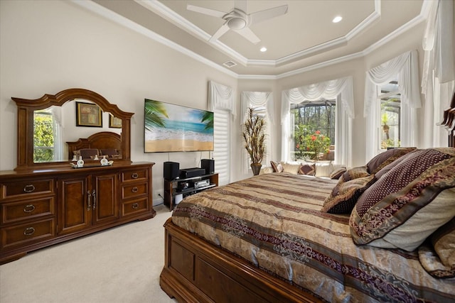 bedroom with ceiling fan, light colored carpet, ornamental molding, and recessed lighting