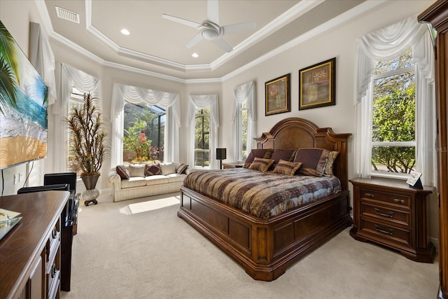 bedroom featuring ornamental molding, recessed lighting, visible vents, and light carpet