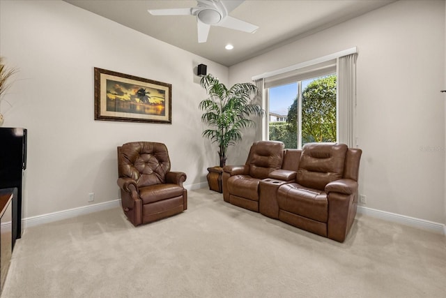 carpeted living room with recessed lighting, baseboards, and ceiling fan